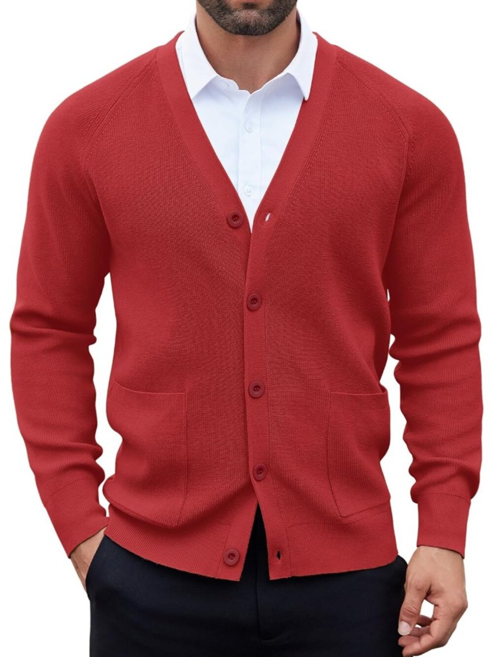 🆕Men's Dark Red Cardigan Sweaters with Button Lightweight V Neck Casual